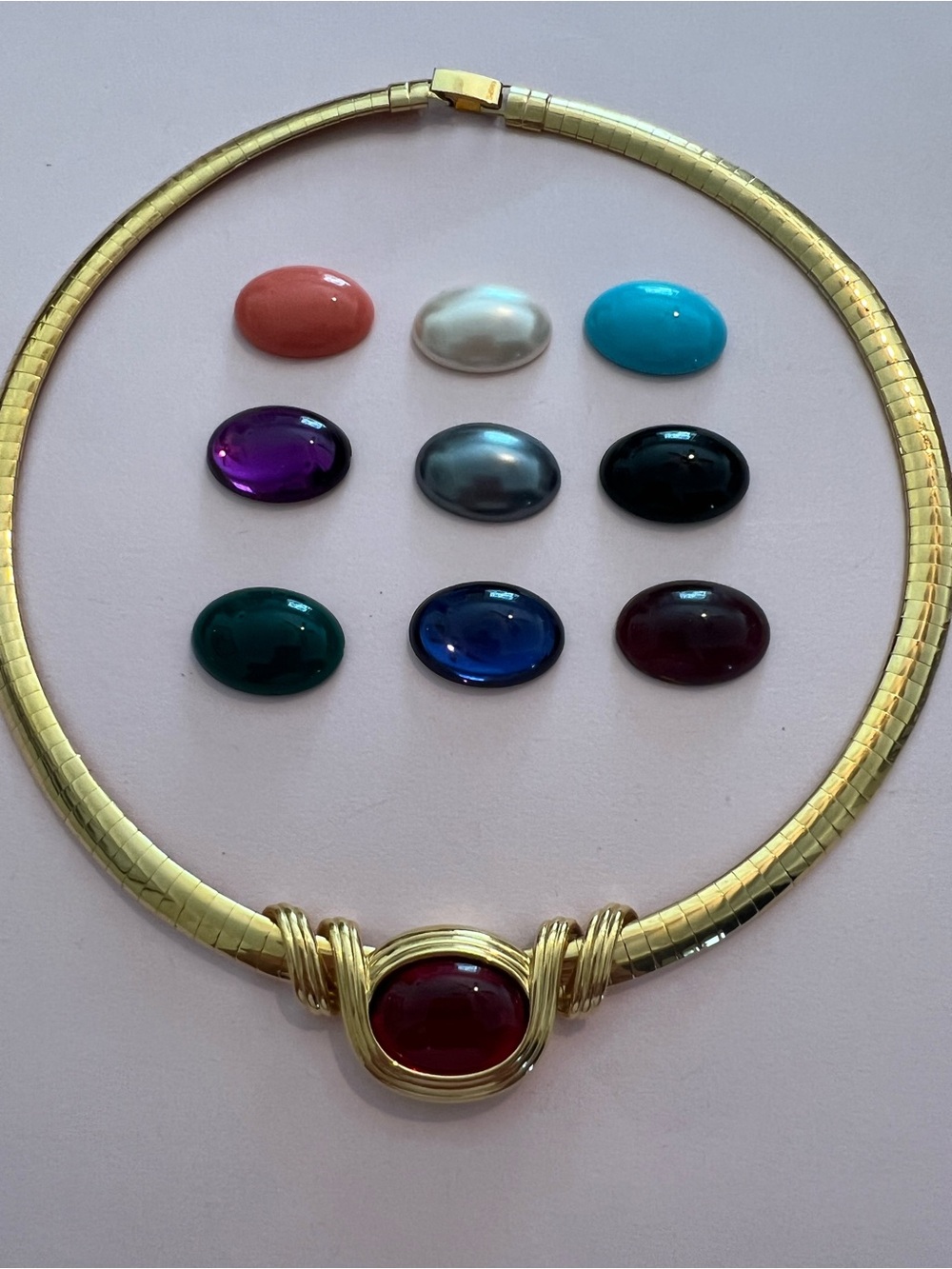 Joan Rivers Gold Plated Omega Necklace With Complete Set of 10 cabochons Rare